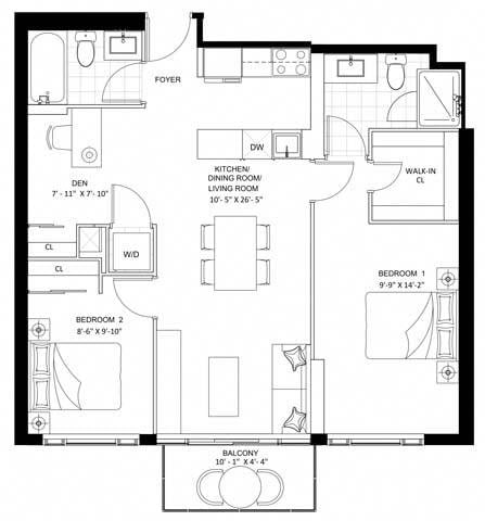 Floor plan for 2 beds, 2 baths, 854 sqft